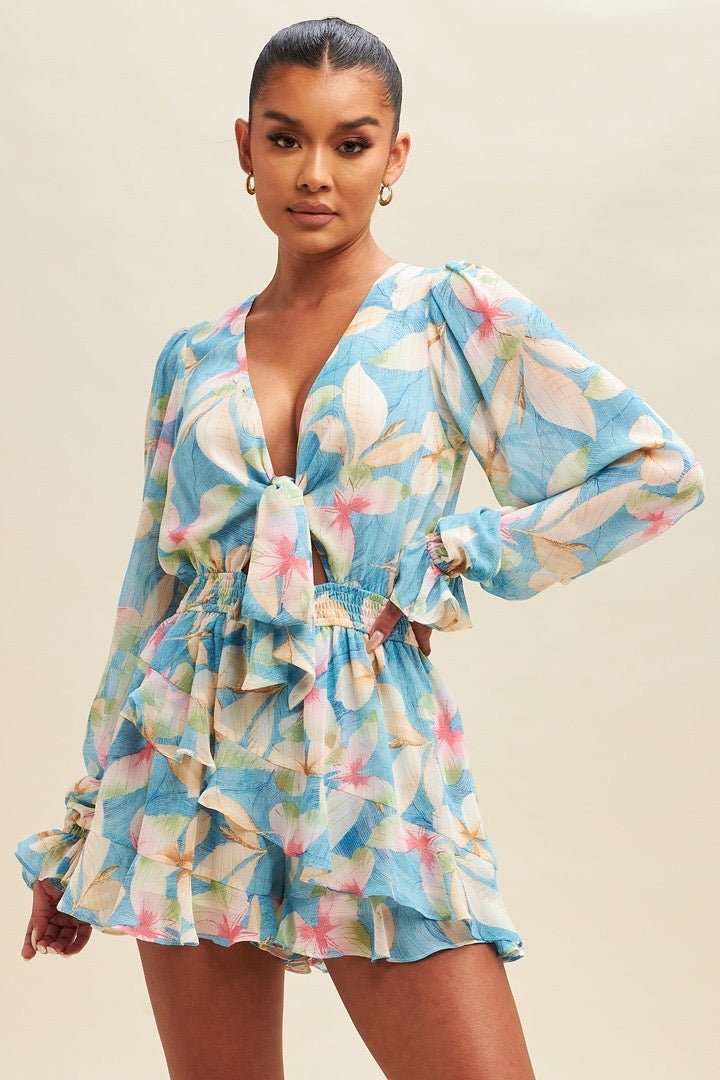 METALLIC LEAF CHIFFON ROMPER