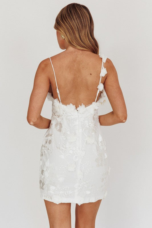 Sleeveless 3D Floral Detail Mini Dress - White