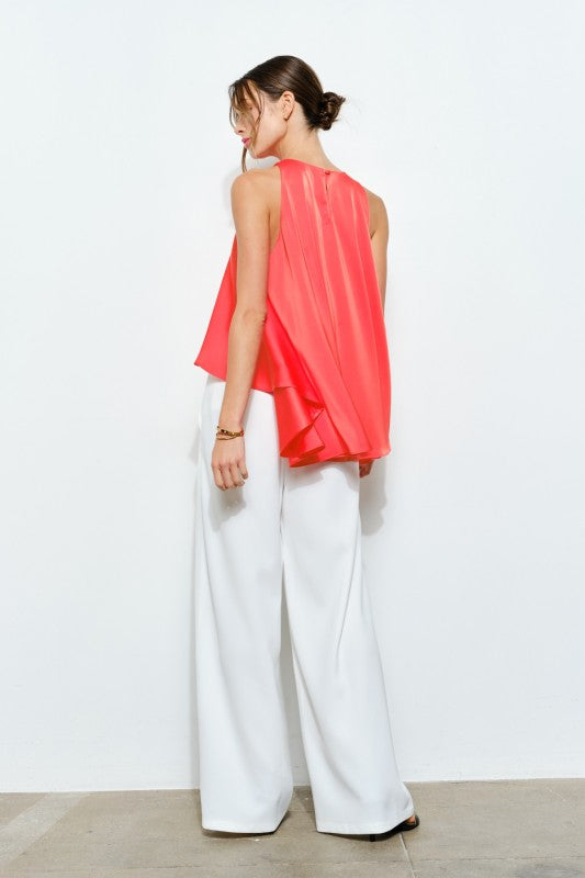 Satin Round Neck Loose Irregular Sleeveless Top - Orange