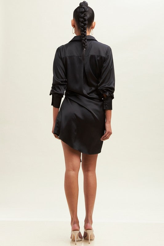 Drape Tail Satin Shirt Mini Dress - Black