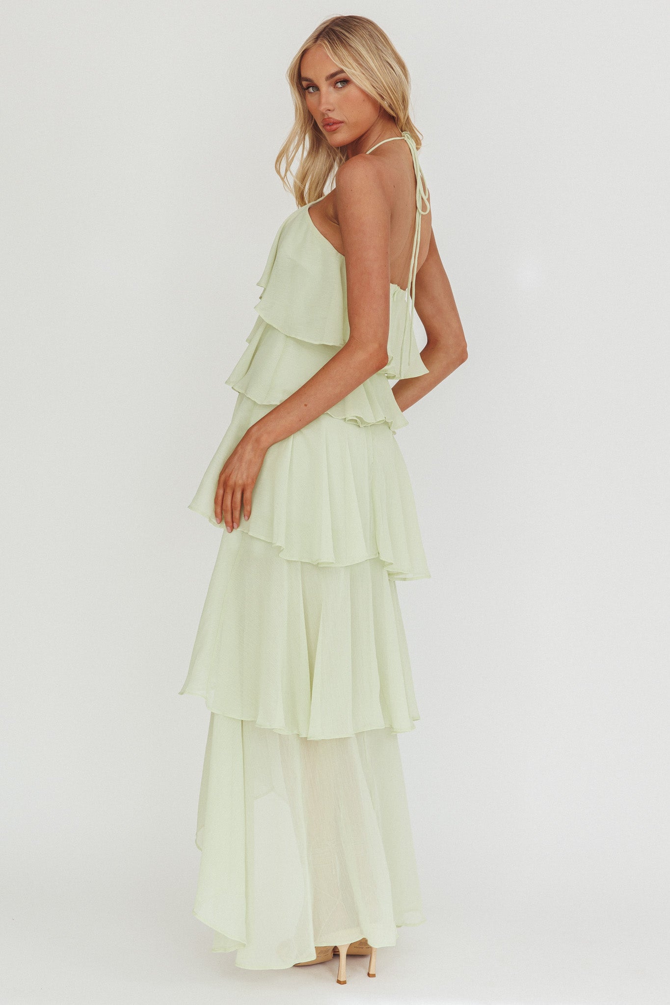 HALTER NECK RUFFLED MAXI DRESS - WHITE