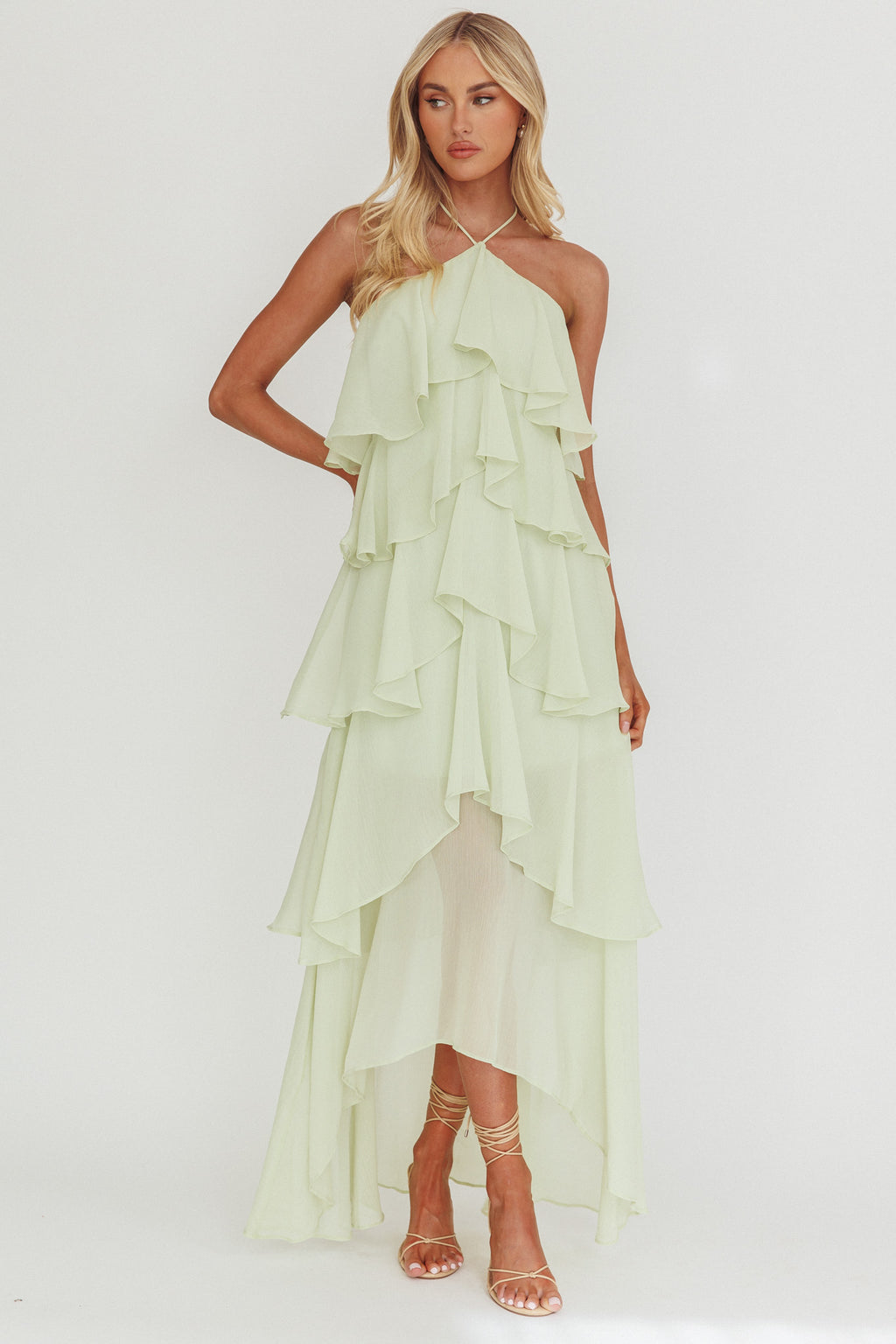 HALTER NECK RUFFLED MAXI DRESS - WHITE