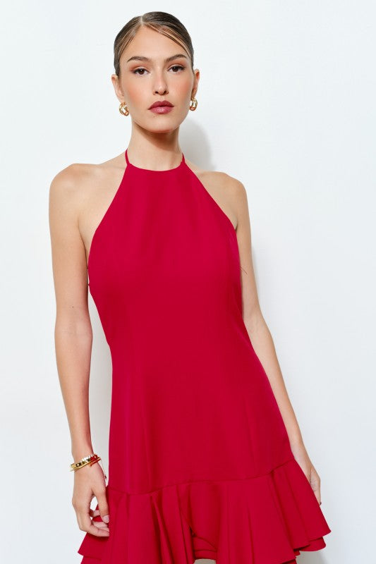 Halter Neck Tie Back Mini Dress - Red