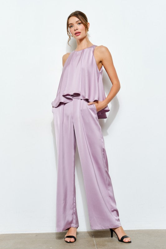 SATIN ROUND NECK SLEEVELESS JUMPSUIT - LILAC