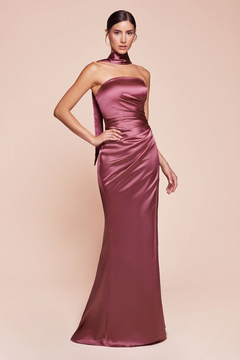 STRAPLESS SATIN DRESS & SASH - MAUVE