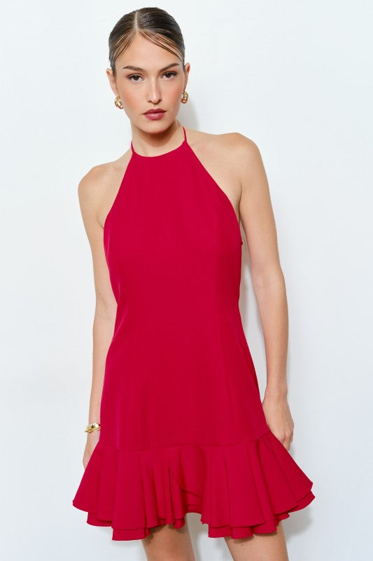 Halter Neck Tie Back Mini Dress - Red