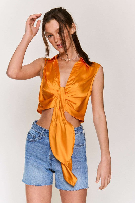 Satin Sleeveless Crop Top - Orange