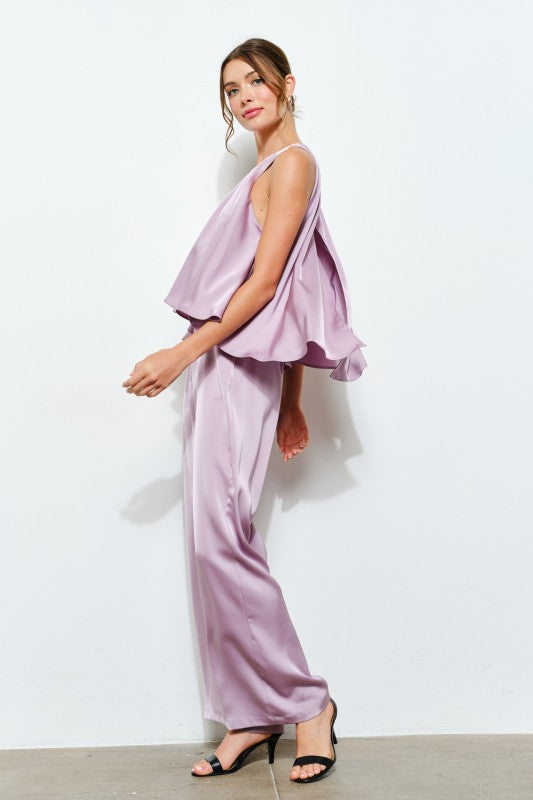 SATIN ROUND NECK SLEEVELESS JUMPSUIT - LILAC