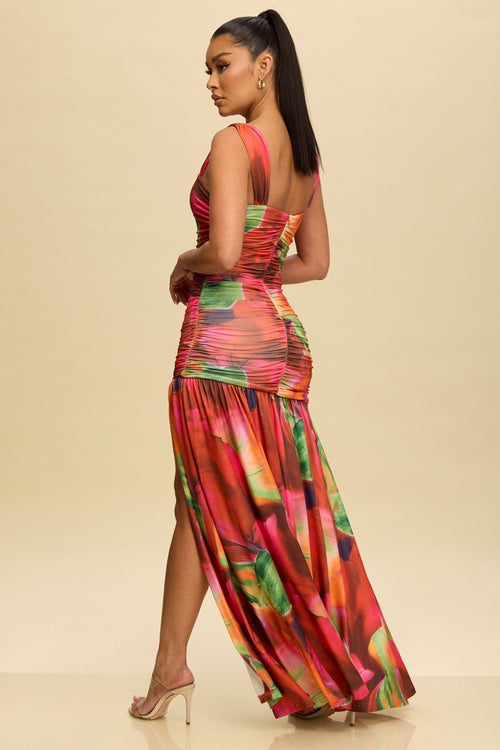 TROPIC JERSY RUCHED MAXI DRESS