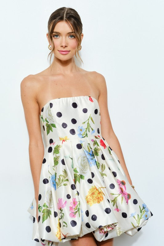 FLORAL POLKA DOT PRINT STRAPLESS BUBBLE MINI DRESS - IVORY