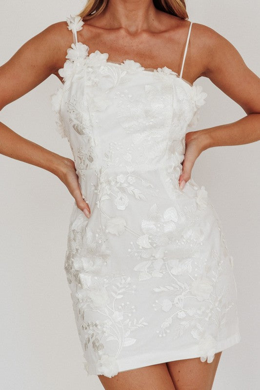 Sleeveless 3D Floral Detail Mini Dress - White
