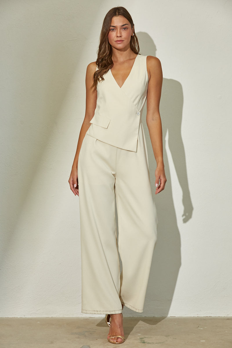 SLEEVELESS ASYMMETRIC VEST WIDE LEG JUMPSUIT - ECRU