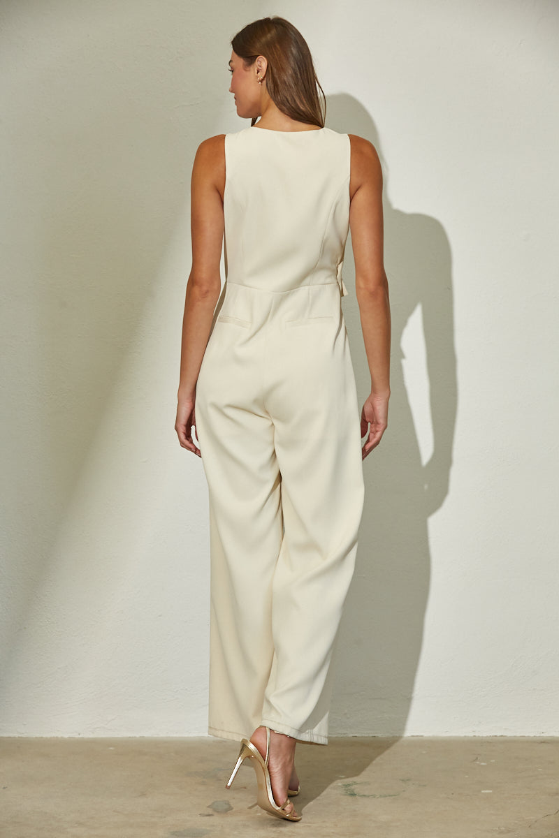 SLEEVELESS ASYMMETRIC VEST WIDE LEG JUMPSUIT - ECRU