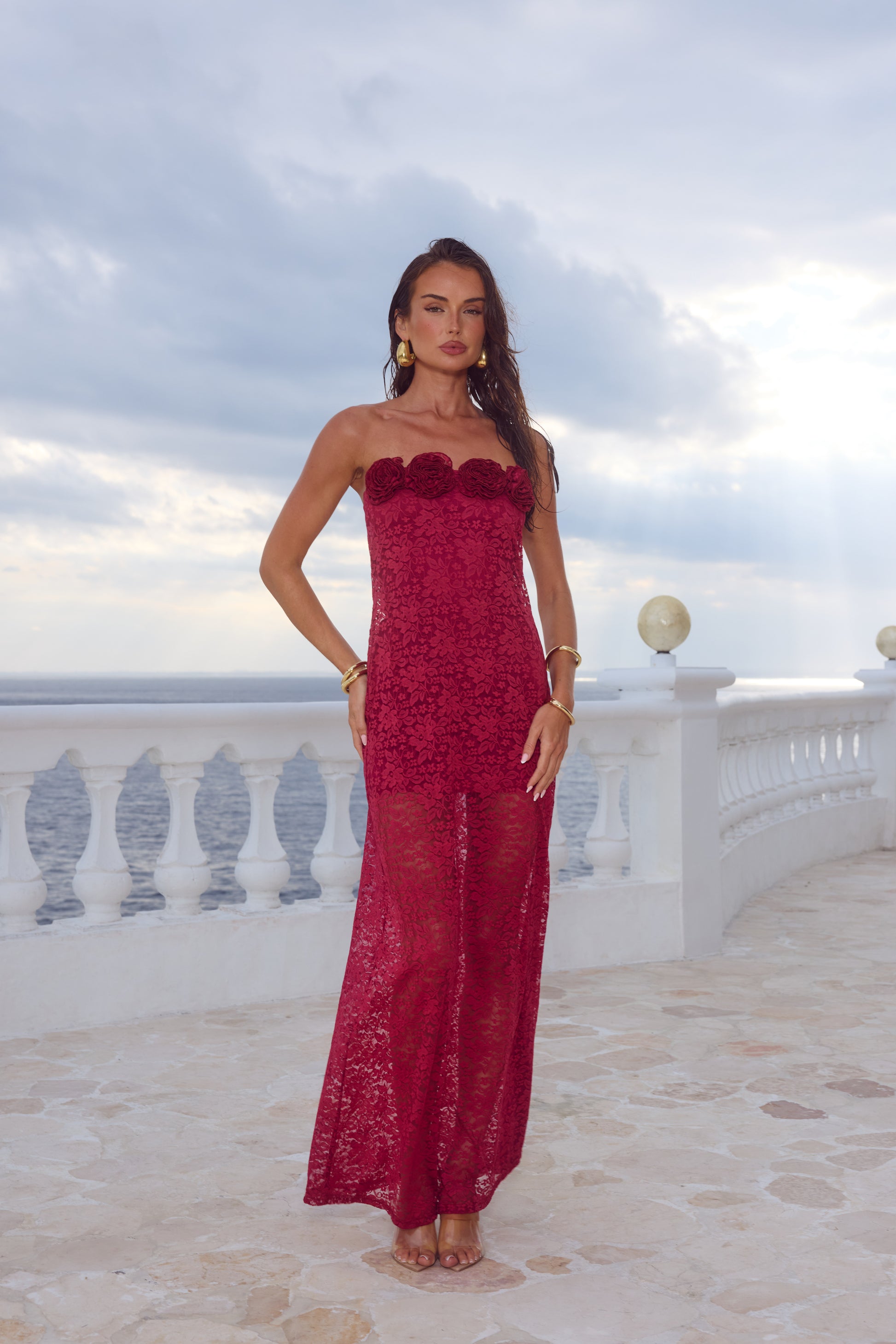 JESSICA FLORAL DETAIL MAXI DRESS - CHERRY