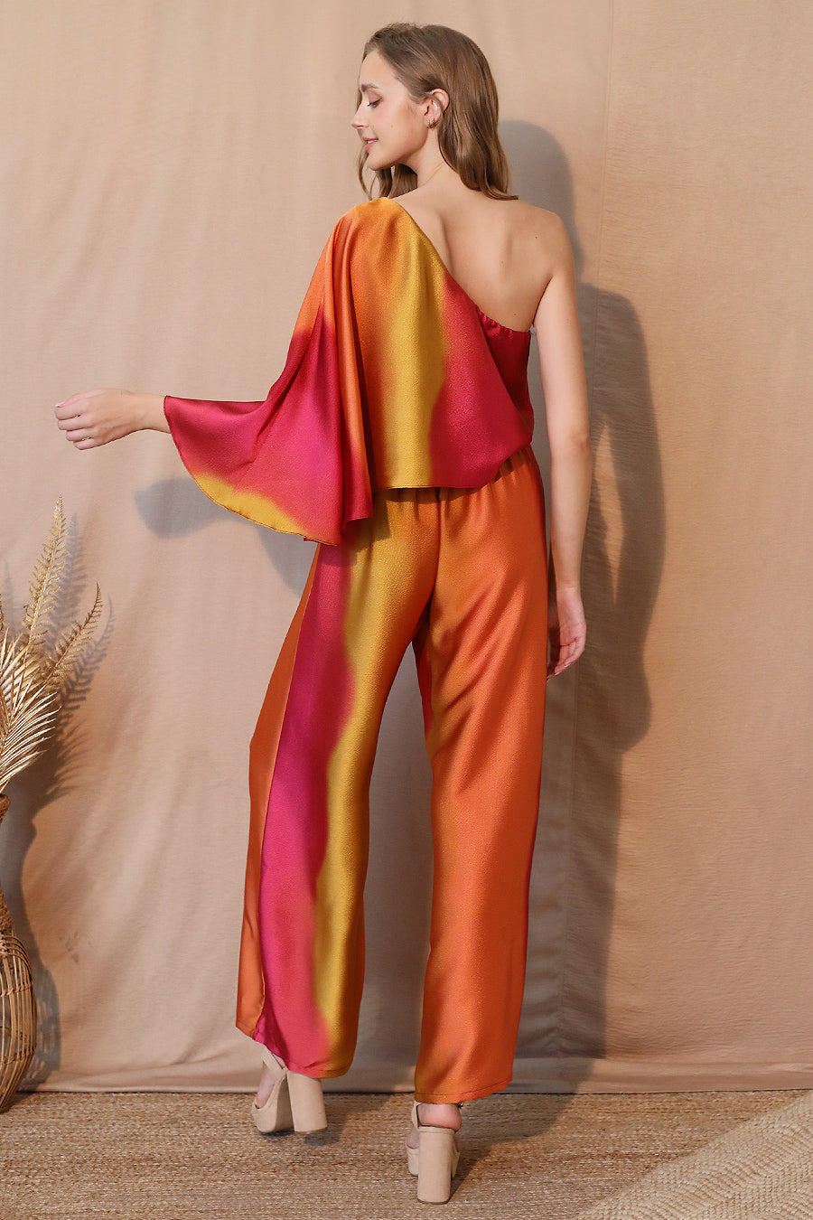 Ombre Satin One Sleeve Jumpsuit - Orange