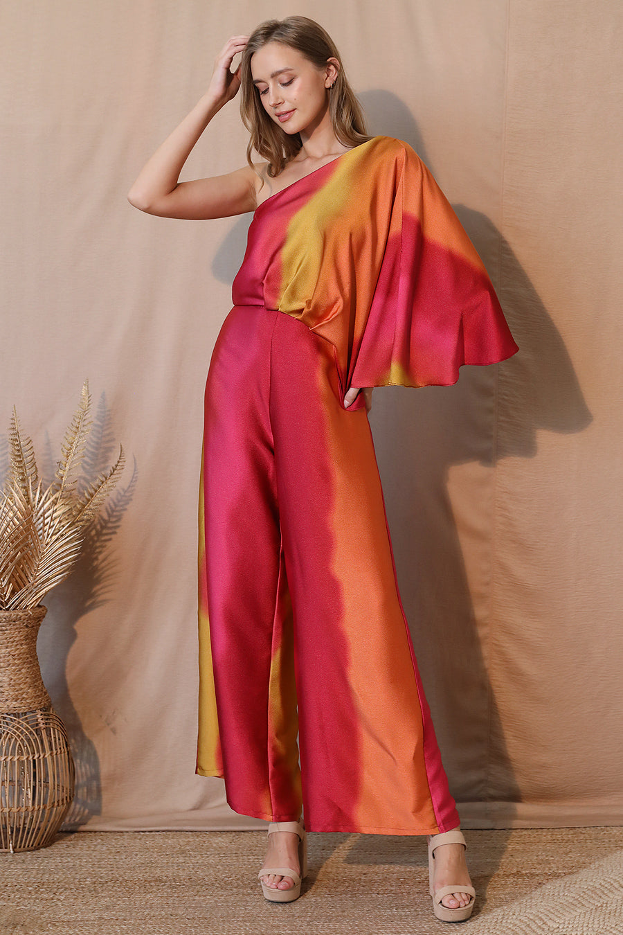Ombre Satin One Sleeve Jumpsuit - Orange
