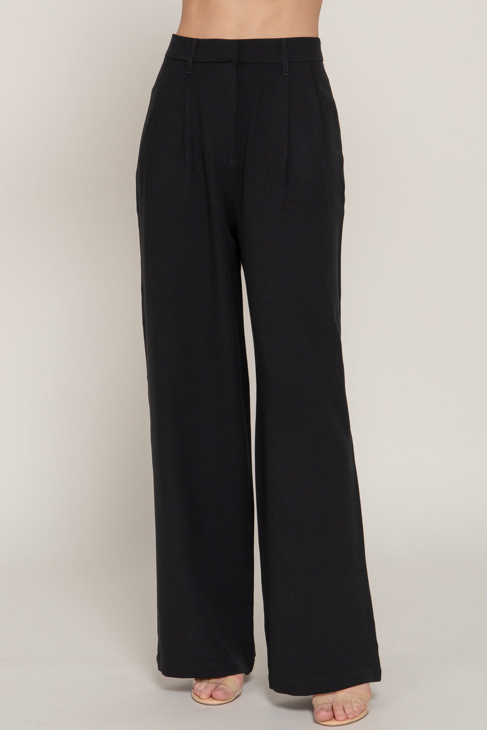 Waist Pleated Wide Leg Pants - Black