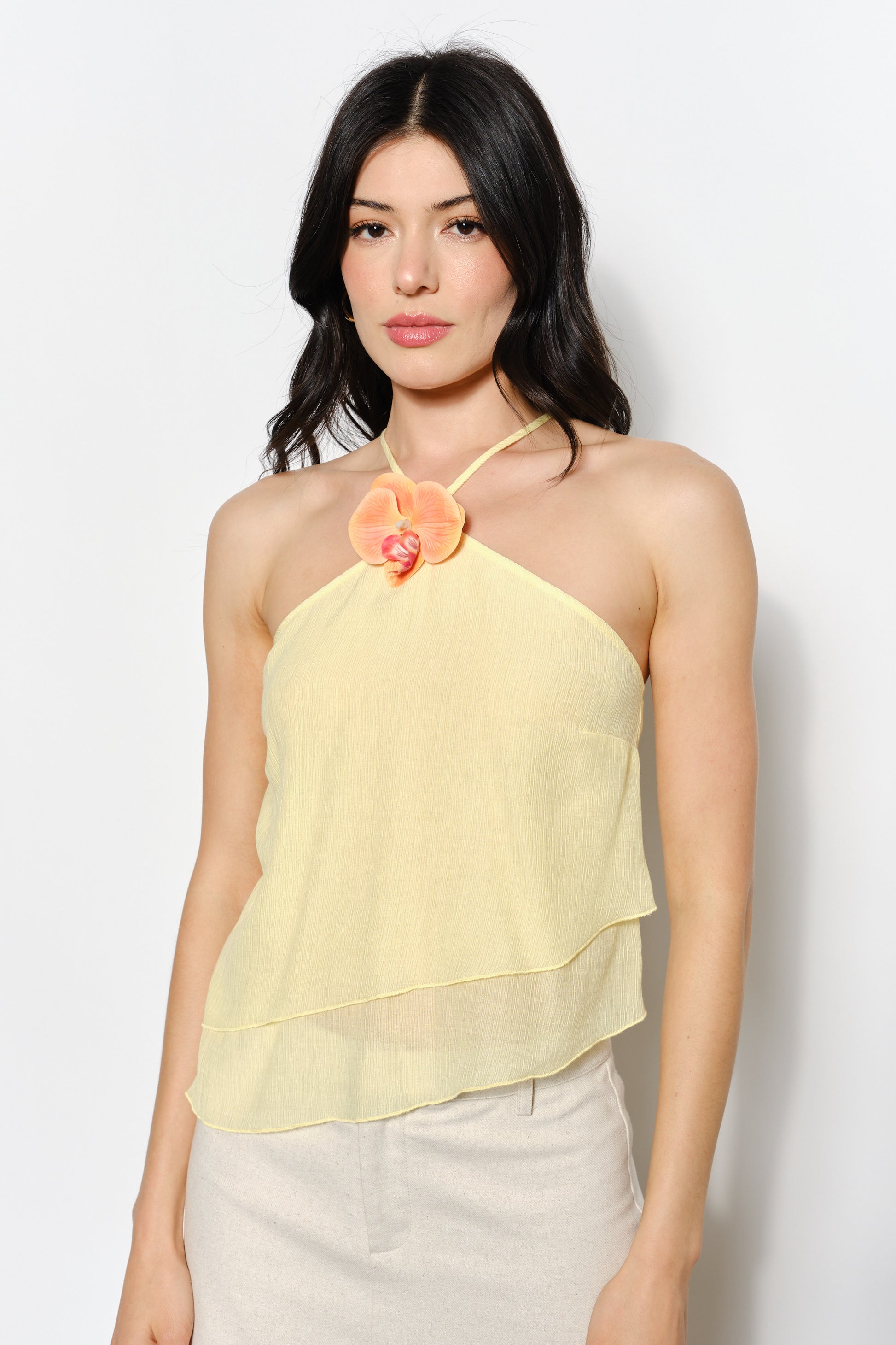 Hailey Orchid Trim Flowy Top - Yellow