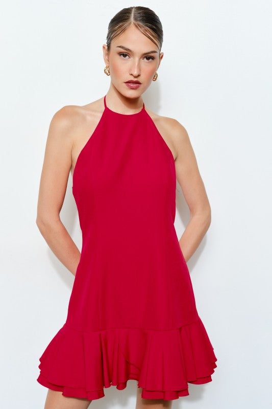 Halter Neck Tie Back Mini Dress - Red