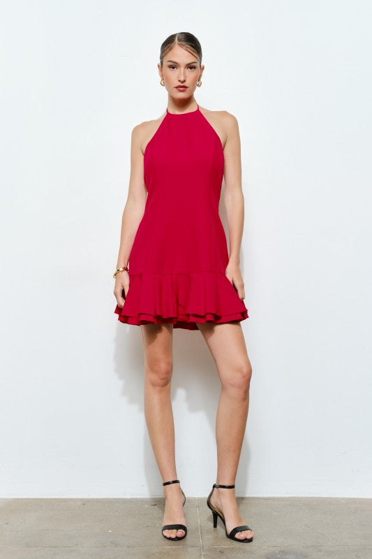 Halter Neck Tie Back Mini Dress - Red