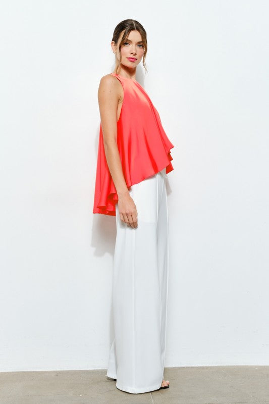 Satin Round Neck Loose Irregular Sleeveless Top - Orange