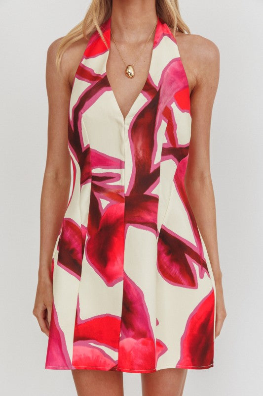 HALTER V NECK MINI DRESS - RED