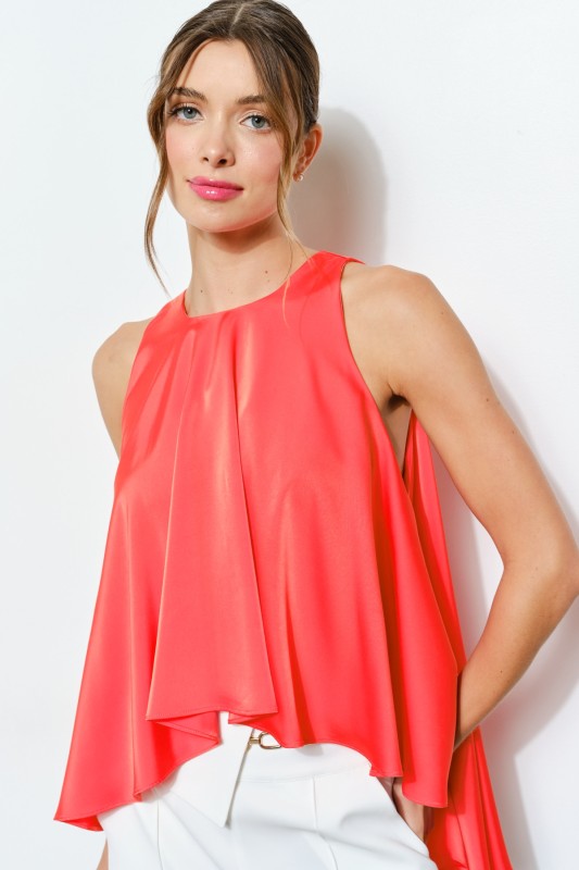 Satin Round Neck Loose Irregular Sleeveless Top - Orange