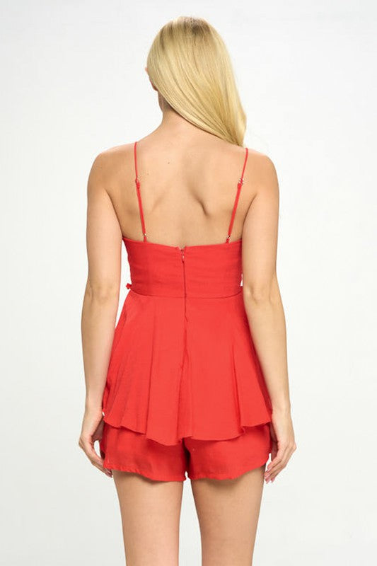 V Neckline Ruffle Boned Tiered Romper - Red