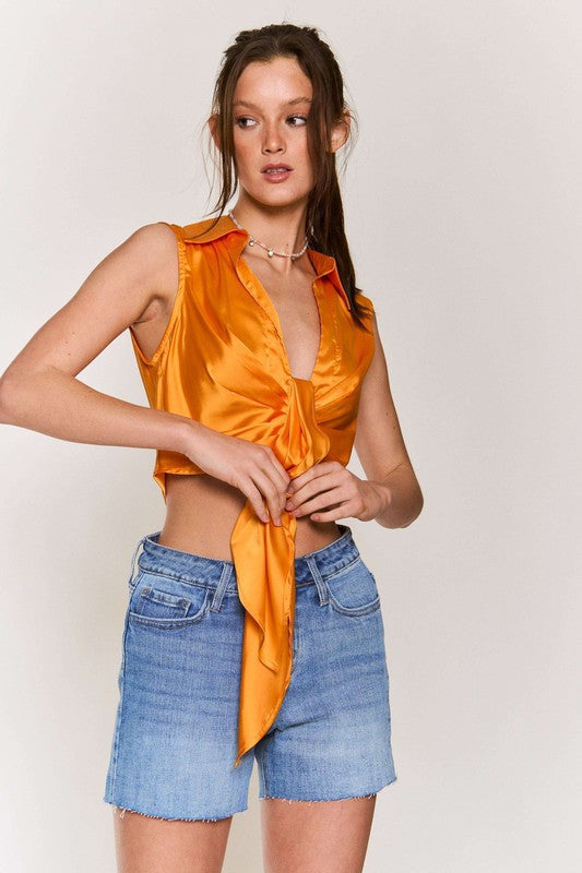 Satin Sleeveless Crop Top - Orange