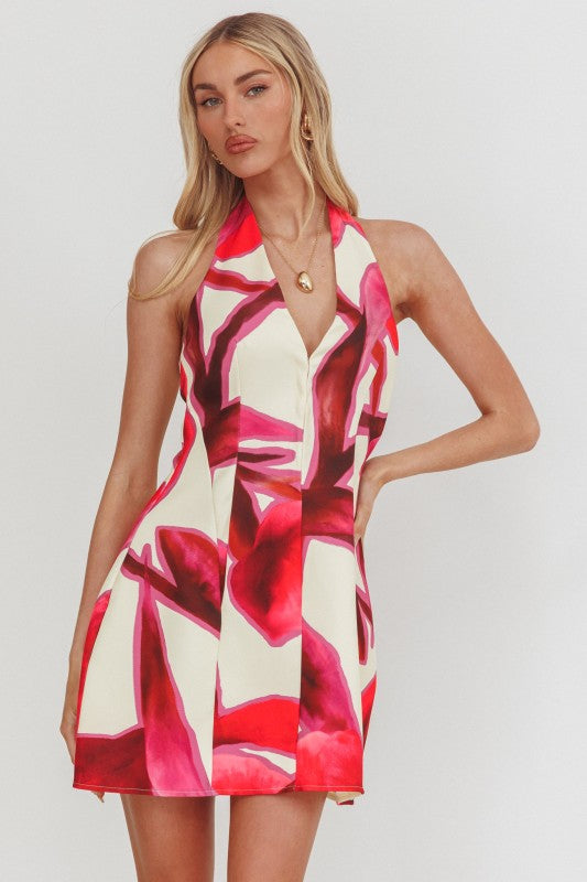 HALTER V NECK MINI DRESS - RED