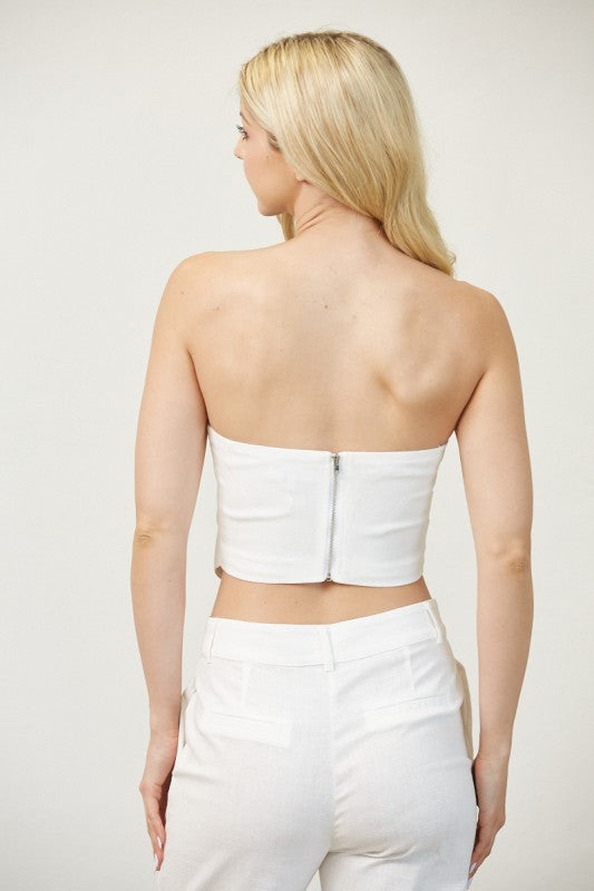Asymmetric Front Hem Stretch Linen Tube Top White