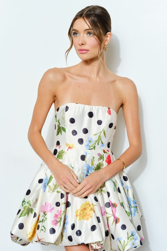 FLORAL POLKA DOT PRINT STRAPLESS BUBBLE MINI DRESS - IVORY