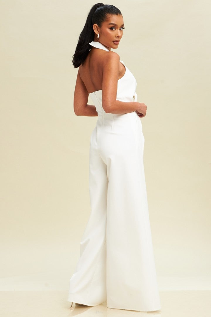 Halter Tie Front Split Jumpsuit White
