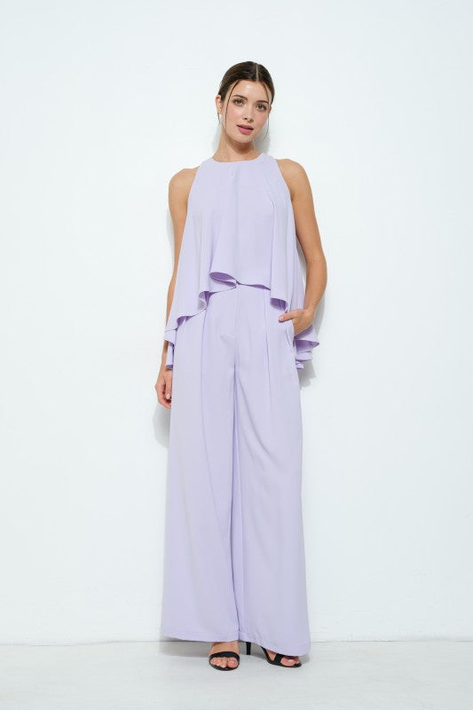 SATIN ROUND NECK SLEEVELESS JUMPSUIT - LILAC