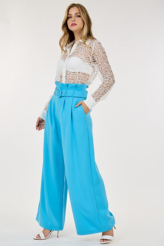 High Waist Wide Leg Pants - Turquoise