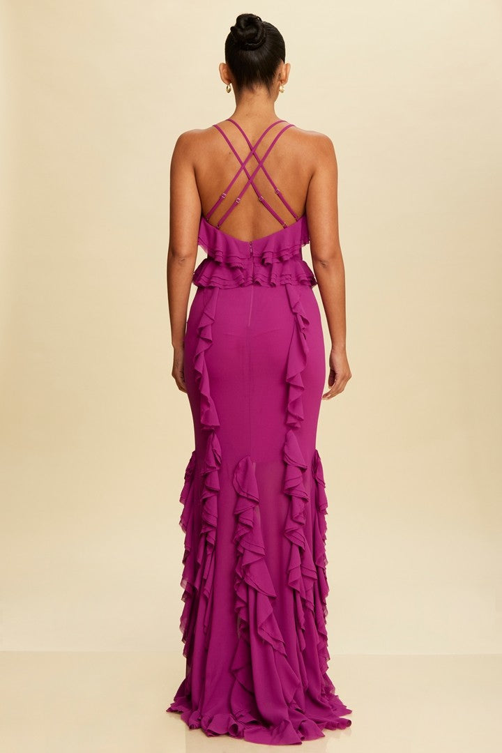 Raw Ruffle Hem Maxi Dress - Magenta