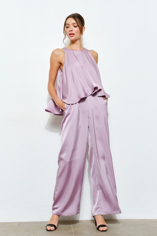 SATIN ROUND NECK SLEEVELESS JUMPSUIT - LILAC