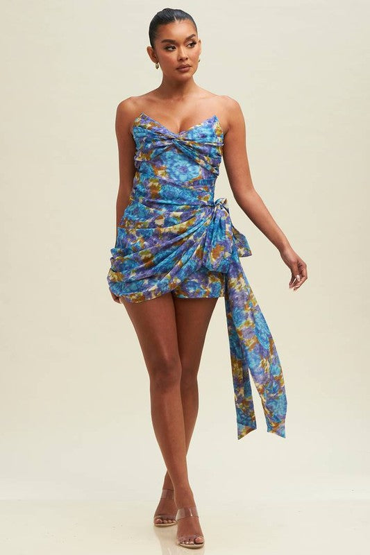 WATER PRINT LINEN DRAPE SIDE ROMPER