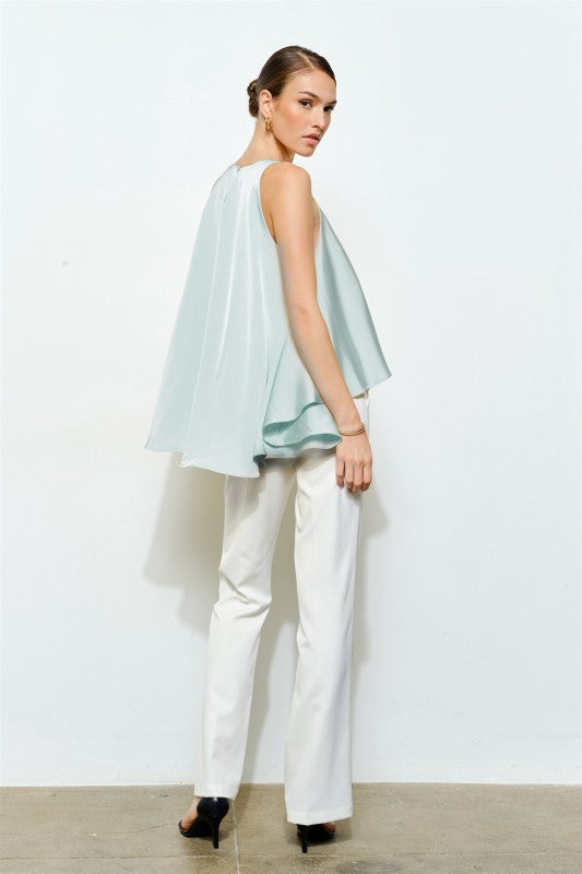 Satin Round Neck Loose Irregular Sleeveless - Top Sea Foam