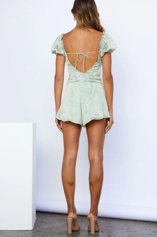 Floral Print Mini Romper With Tied Open Back - Mint