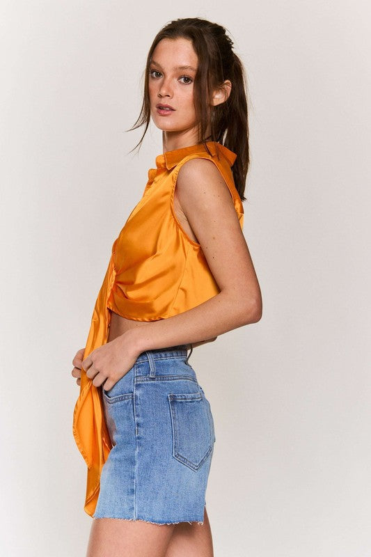 Satin Sleeveless Crop Top - Orange