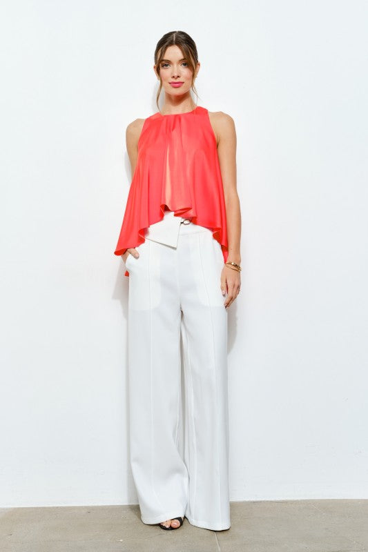 Satin Round Neck Loose Irregular Sleeveless Top - Orange