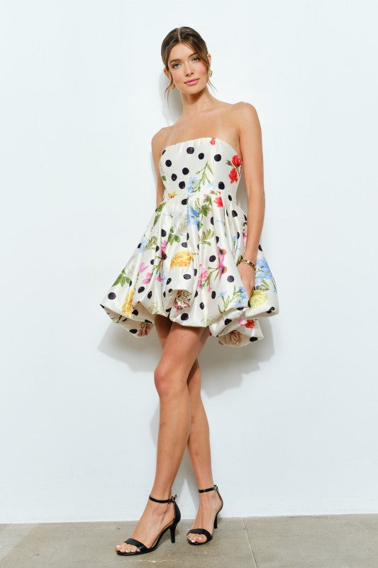FLORAL POLKA DOT PRINT STRAPLESS BUBBLE MINI DRESS - IVORY