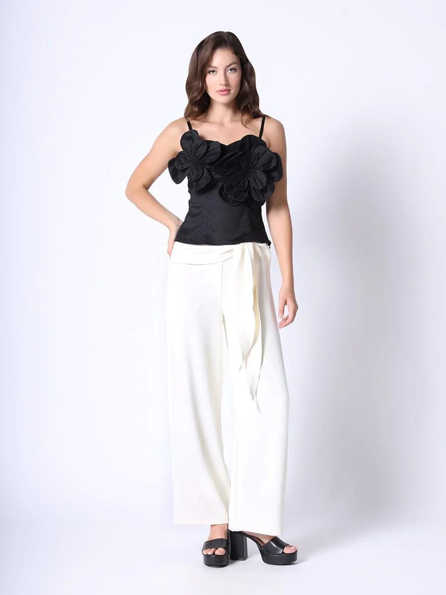 Pants With Flowing Waist Bow - Off White