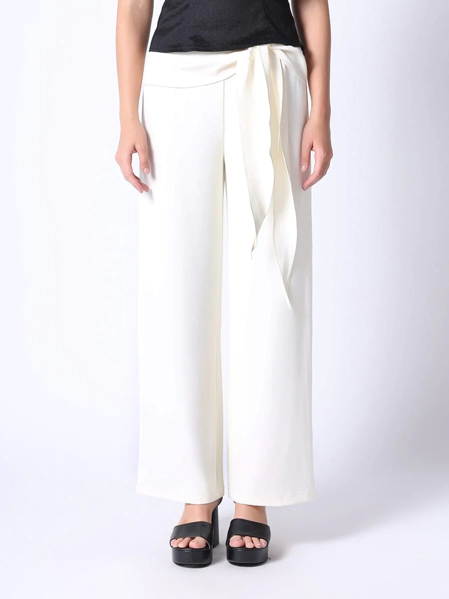 Pants With Flowing Waist Bow - Off White