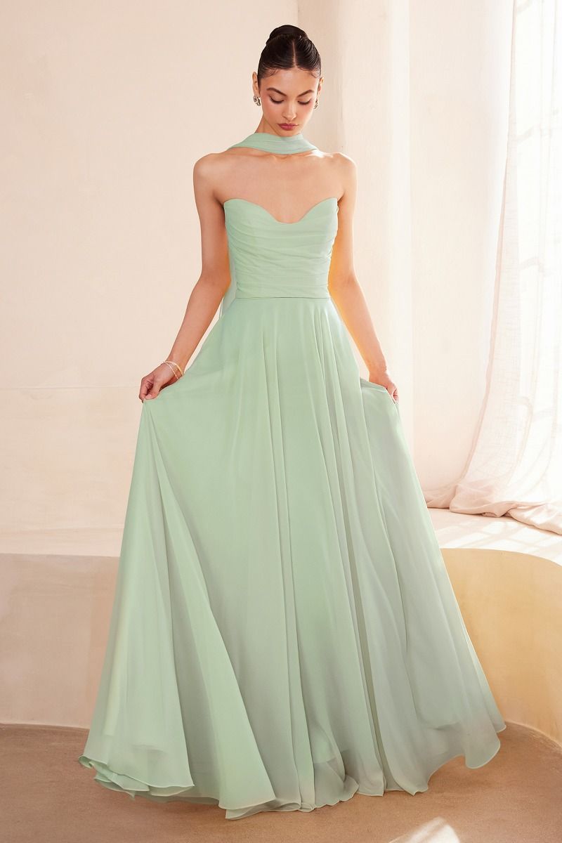 STRAPLESS CHIFFON DRESS - SAGE