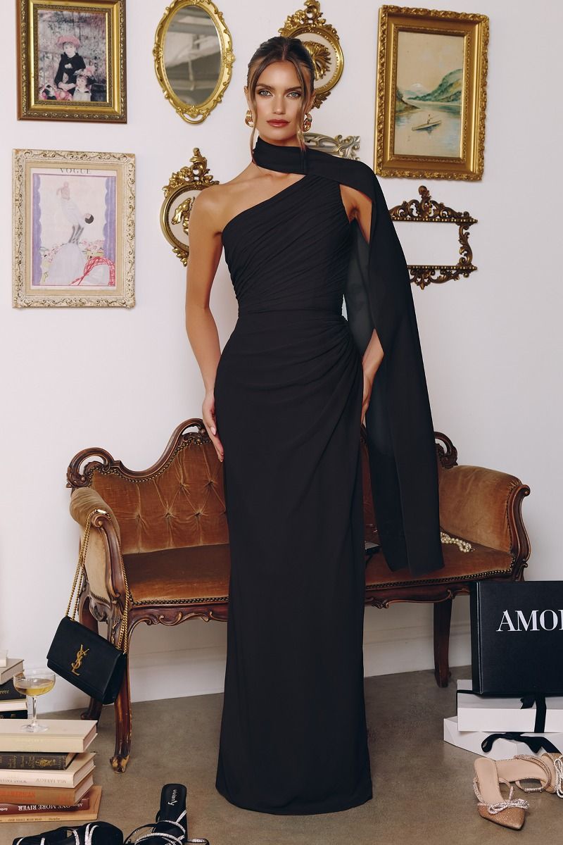 ONE SHOULDER CHIFFON GOWN - EMERALD