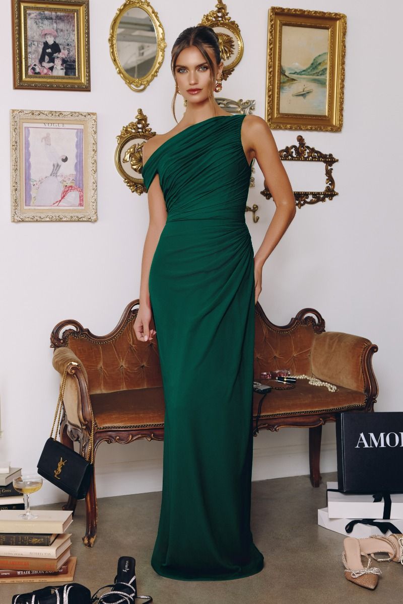 ONE SHOULDER CHIFFON GOWN - EMERALD