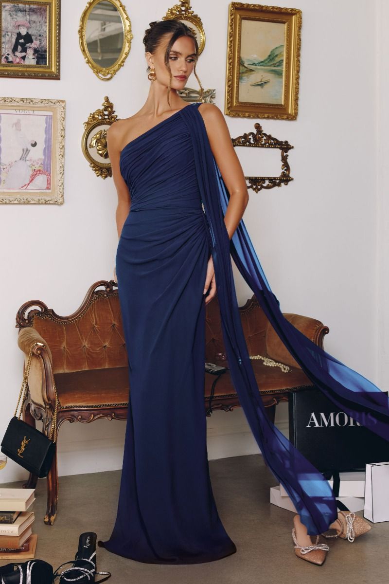ONE SHOULDER CHIFFON GOWN - EMERALD