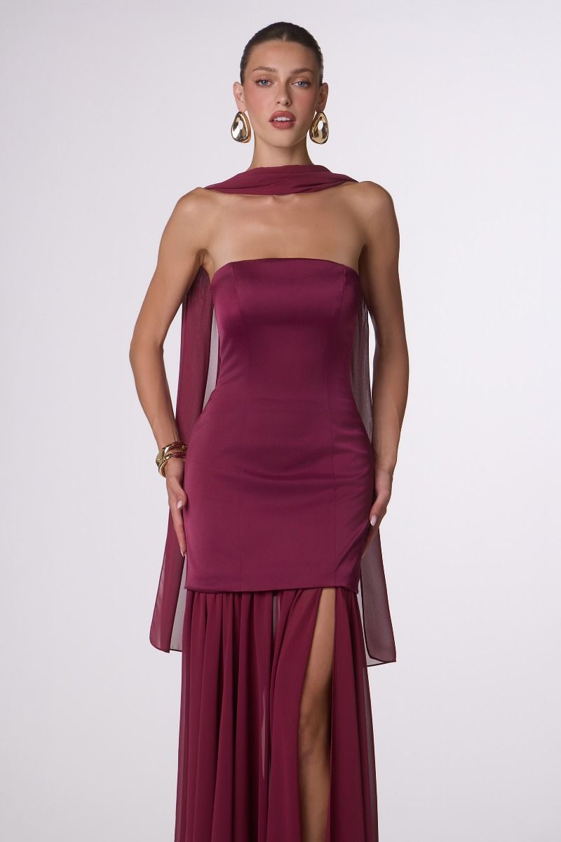 STRAPLESS MAXI DRESS - BERRY